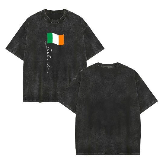 Ireland Signature Flag Pole Elegant Patriotic Double Sided Mineral Wash T Shirts
