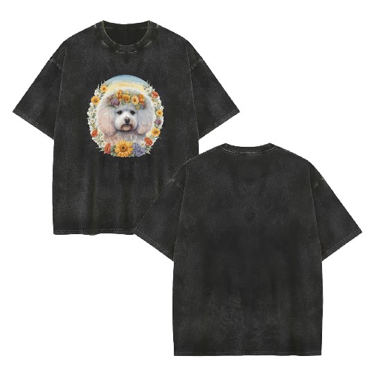 Cute Bichon Frise Sunflower Dog Breed Pet Puppy Double Sided Mineral Wash T Shirts