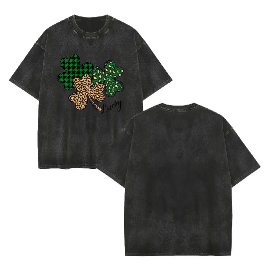 Lucky Leopard Shamrock St Patric Day Double Sided Mineral Wash T Shirts