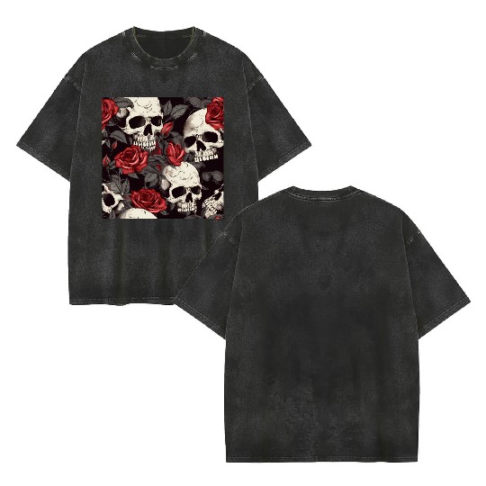 Dark Pattern Skulls & Red Roses Elegant Gothic Double Sided Mineral Wash T Shirts