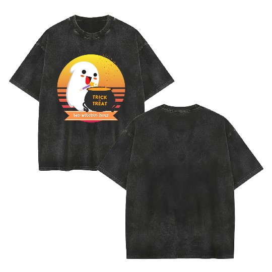 Halloween Cute Ghost Witching Hour Trick Or Treat Double Sided Mineral Wash T Shirts