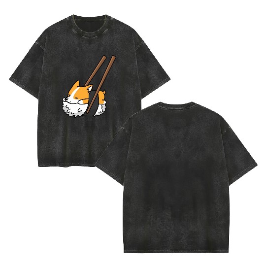 Corgi Sushi Dog Double Sided Mineral Wash T Shirts