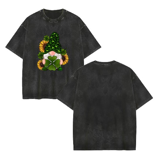 Leopard Love Gnomes Shamrock Irish Lucky St Double Sided Mineral Wash T Shirts