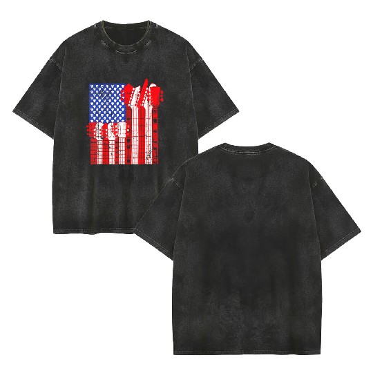 American Flag Guitar Patriotic Funny Double Sided Mineral Wash T Shirts