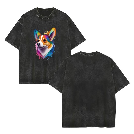 Colourful rainbow realistic Welsh Corgi dog Double Sided Mineral Wash T Shirts
