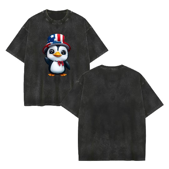 Patriotic penguin for the 4th of July Double Sided Mineral Wash T Shirts