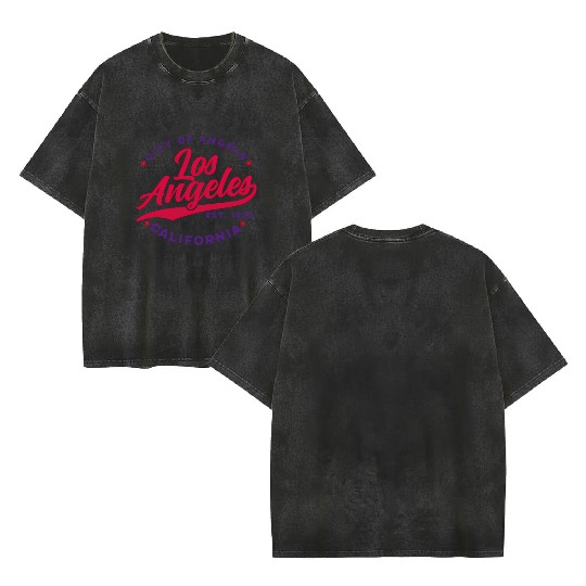 Los Angeles City Of Angels California Red Text Double Sided Mineral Wash T Shirts