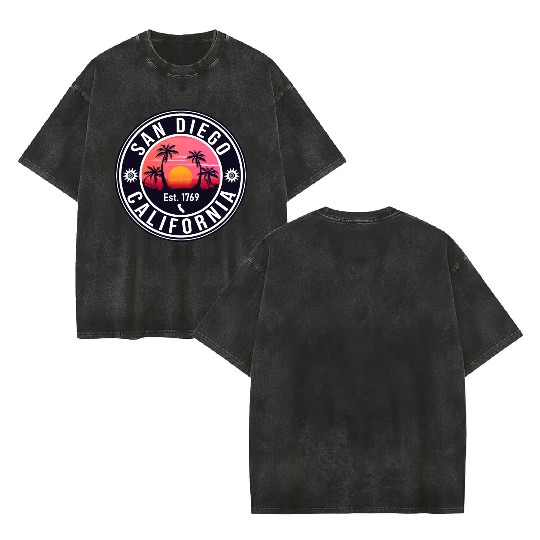 San Diego California Beach Retro Sunset Souvenirs Double Sided Mineral Wash T Shirts