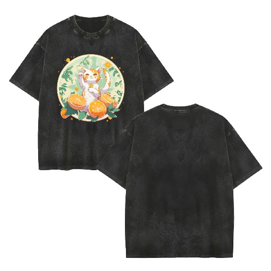 Lucky Neko In A Cute Citrusy Orange Cat World Double Sided Mineral Wash T Shirts
