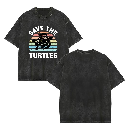 Save The Turtles Sea Turtle Retro Sunset Double Sided Mineral Wash T Shirts