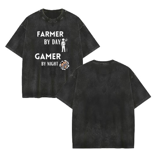 Funny Farmer Farmer By Day Gamer By Night Funny Double Sided Mineral Wash T Shirts