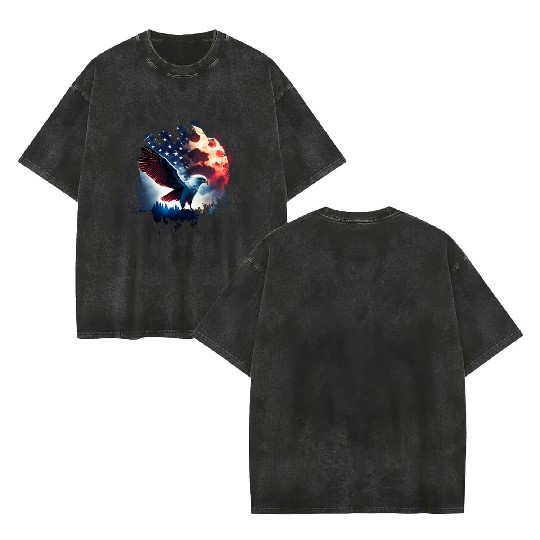 America eagle under Moon with American Flag Double Sided Mineral Wash T Shirts