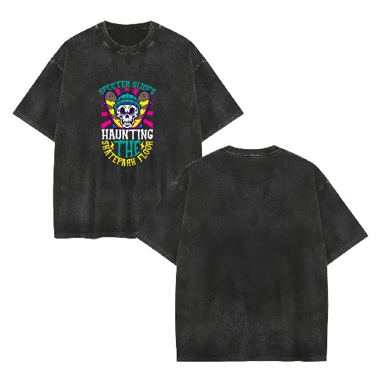 Spooky Horror Skateboarder Halloween Skateboarding Double Sided Mineral Wash T Shirts
