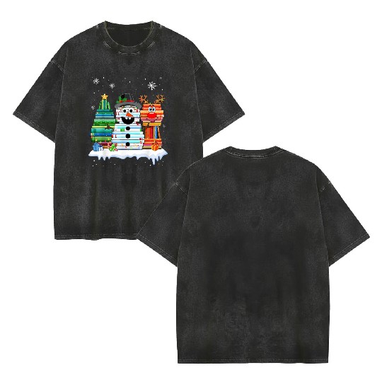 Christmas Tree Snowman Reindeer Book Stack Double Sided Mineral Wash T Shirts