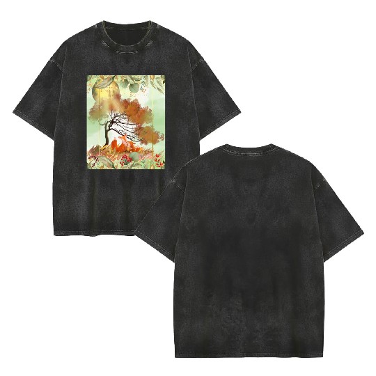 "Autumn Foxes - Tranquil Seasonal Scene" Double Sided Mineral Wash T Shirts