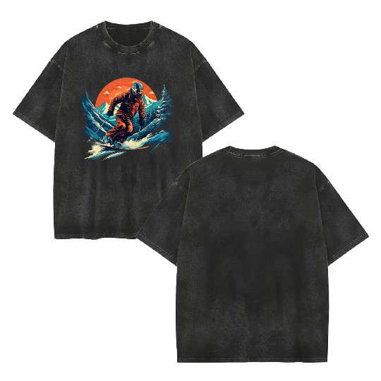Skiing Off Piste Winter Fun for a Skiers Double Sided Mineral Wash T Shirts