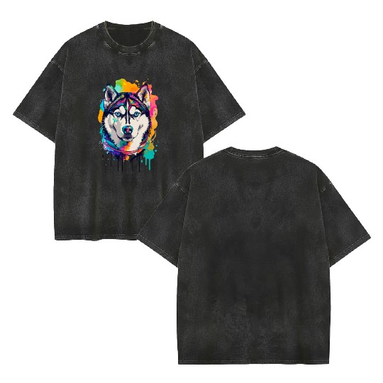 husky dog ink drawing Double Sided Mineral Wash T Shirts