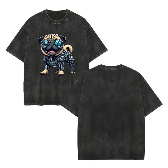 Pug Cyborg - Bionic Robot Dog Double Sided Mineral Wash T Shirts