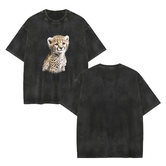Baby Cheetah Cute Watercolor Painting Portrait Double Sided Mineral Wash T Shirts
