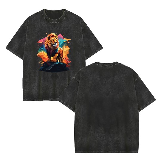 Fantasy Majestic Colourful Lion Polygon Art Design Double Sided Mineral Wash T Shirts