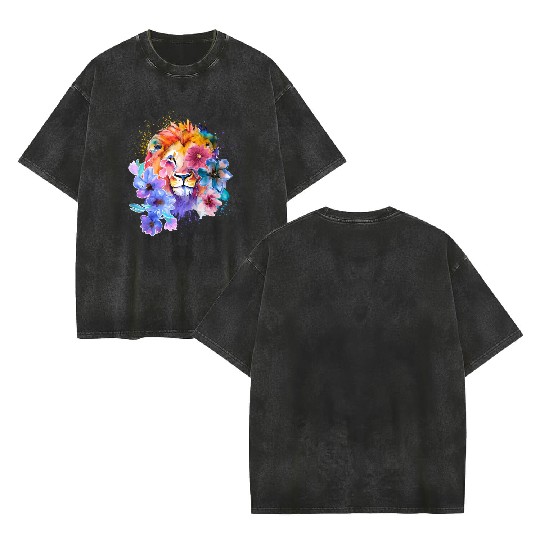 Colorful Lion Painting Double Sided Mineral Wash T Shirts