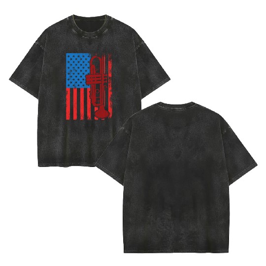 US Patriotic Trumpet Player Double Sided Mineral Wash T Shirts