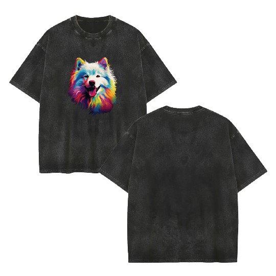 Watercolor Colorful Samoyed Double Sided Mineral Wash T Shirts