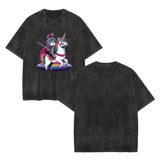 Happy Funny Cat Knight Riding Unicorn Llama Alpaca Double Sided Mineral Wash T Shirts
