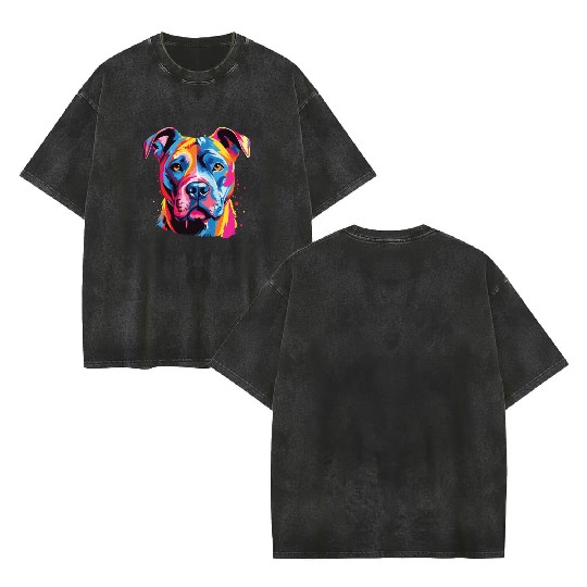 Watercolor Colorful American Pit Bull Terrier Double Sided Mineral Wash T Shirts