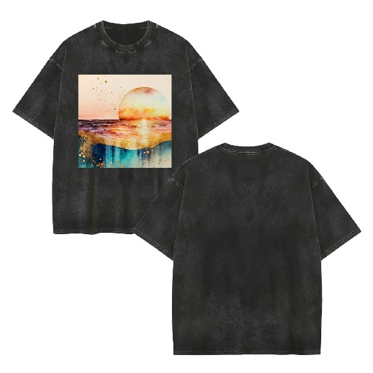 Sunset Beach Watercolor Painting Double Sided Mineral Wash T Shirts