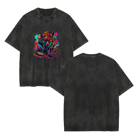 Retro Vibe Fox: Neon Pop Art Majesty Double Sided Mineral Wash T Shirts
