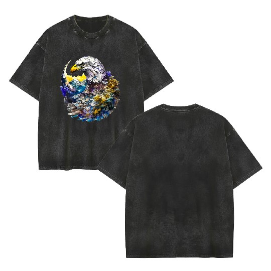 Wilderness Watercolor Forest Moon Eagle Double Sided Mineral Wash T Shirts