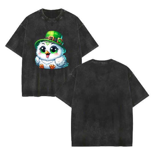 St. Patrick's Cute Snowy Owl Double Sided Mineral Wash T Shirts