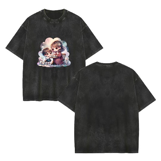 Mother and Son Enjoying a Cozy Tea Party Double Sided Mineral Wash T Shirts