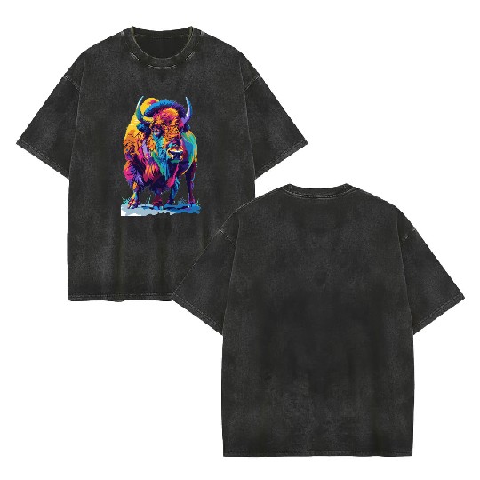 Colorful Bison Abstract Animal Art Wildlife Double Sided Mineral Wash T Shirts