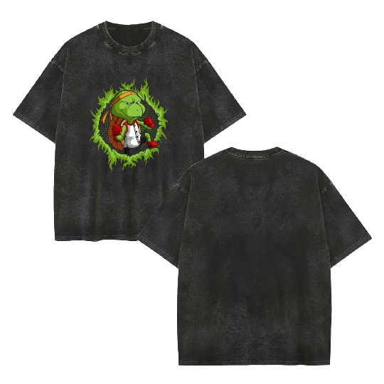 Kung Fu Turtle With Halftone Fire Background Double Sided Mineral Wash T Shirts