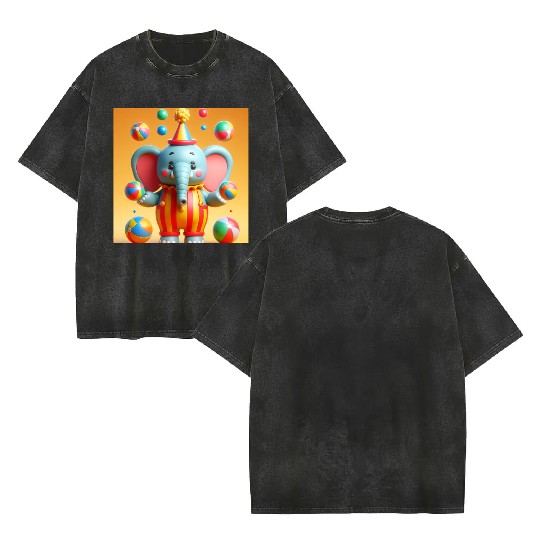 3D cartoon elephant Double Sided Mineral Wash T Shirts