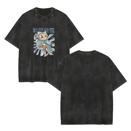 chun li cat anime manga japanese Double Sided Mineral Wash T Shirts