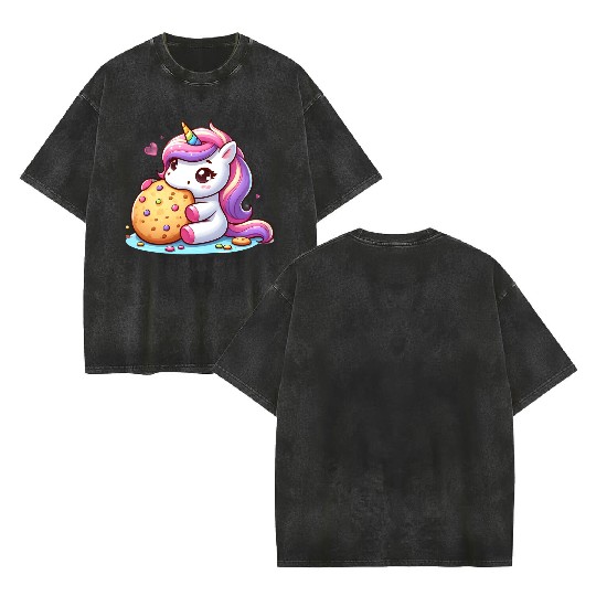 Unicorn Enjoying a Cookie Double Sided Mineral Wash T Shirts
