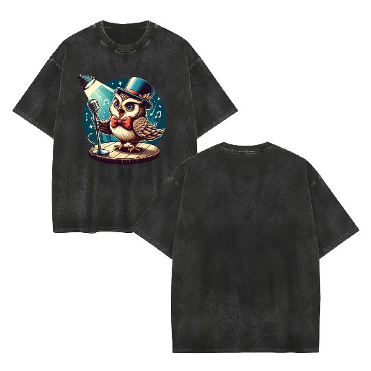 Cute Owl With A Hat Singing Karaoke Double Sided Mineral Wash T Shirts