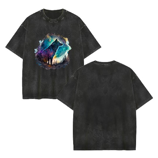 Wolf Print, Cosmic Wolves, Animal Print, Cosmos Double Sided Mineral Wash T Shirts