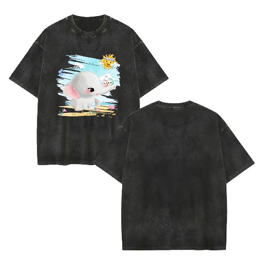 Elephant Walking At Beach With 2 Birds Friends Double Sided Mineral Wash T Shirts