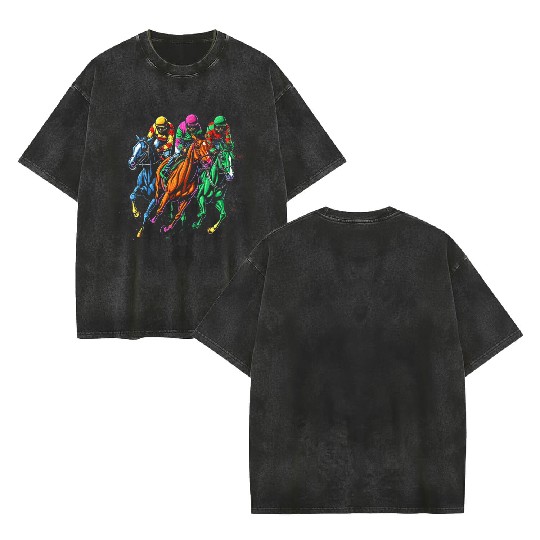 Horse Racing Painting Horse and Derby Lovers Double Sided Mineral Wash T Shirts