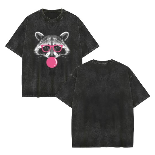 Raccoon Blows Bubblegum - Cute Bubblegum Raccoon Double Sided Mineral Wash T Shirts