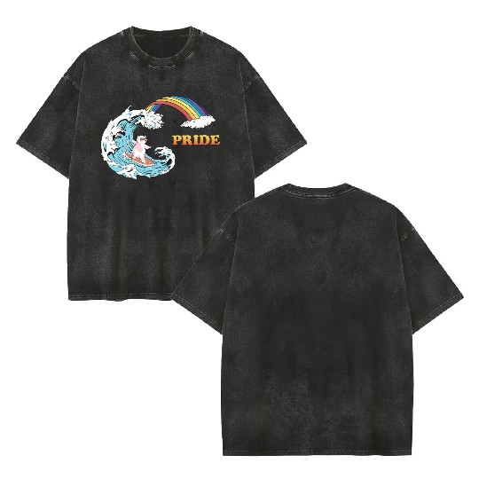 Cat Surfing with Trans LGBT Colors in the Double Sided Mineral Wash T Shirts