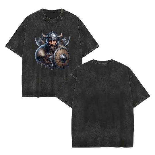 Fierce Viking Warrior with Shield and Axes Double Sided Mineral Wash T Shirts