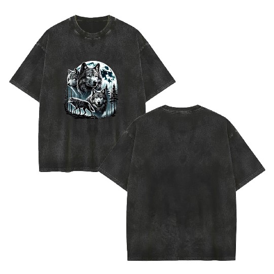 Vintage Wolf 90s Wolf Lovers Retro Moon Double Sided Mineral Wash T Shirts