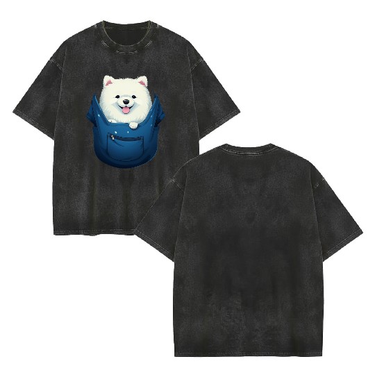 Cute Samoyed Puppy Dog In Pocket Pet Lovers Gifts Double Sided Mineral Wash T Shirts