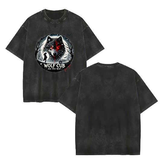 Wolf Cub on the Way Announcement Double Sided Mineral Wash T Shirts