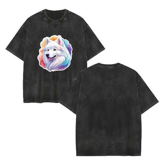 Samoyed Dog Watercolor Double Sided Mineral Wash T Shirts